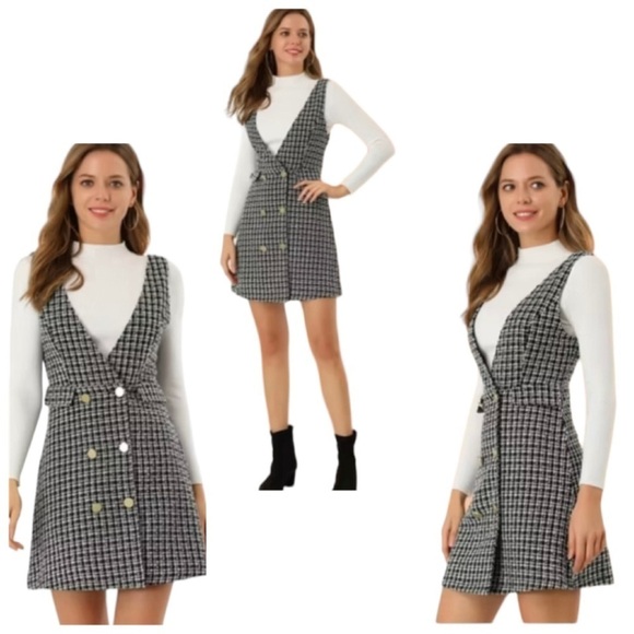 Allegra K Pinafore Mini Jumper School Girl Plaid Double Breast Y2K Preppy Small - Picture 1 of 16